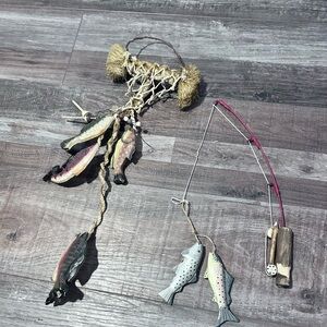 2 Wooden Fish On Fishing Net Wall Hanging lake cabin folk art bundle HG72